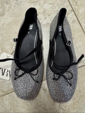 Zara Black & Silver Rhinestone Ballet Flats with Ankle Tie